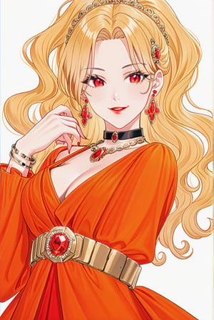 1women, solo, long hair, wavy ponytail hair, looking at viewer,happy face, blonde hair, hair ornament, long sleeves, red eyes,breasts, orange dress ,opened top chest dress,black and gold belt, red lips,simple background, white background, jewelry,red gem earrings, golden bracelet, necklace, blue gem necklace, black choker