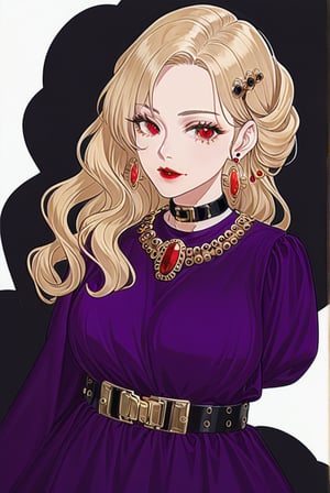 1women, solo, long hair, wavy ponytail hair, looking at viewer,clam face, blonde hair, hair ornament, long sleeves, red eyes,breasts,purple dress,black and gold belt, red lips,simple background, white background, jewelry,red gem earrings, golden bracelet, necklace, blue gem necklace, black choker