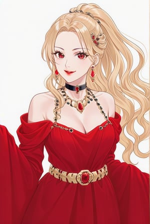 1women, solo, long hair, wavy ponytail hair, looking at viewer,happy face, blonde hair, hair ornament, long sleeves, red eyes,breasts,red dress ,opened top chest dress,black and gold belt, red lips,simple background, white background, jewelry,red gem earrings, golden bracelet, necklace, blue gem necklace, black choker