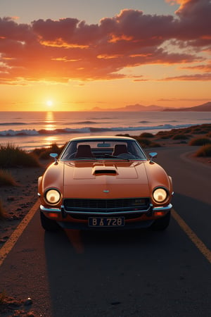  an impressive 70s classic sports 70s car near an ocean at sunset