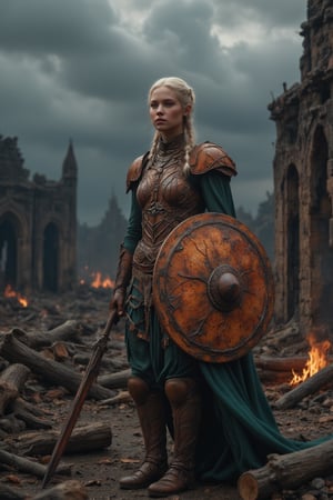 A portrait of a Viking shieldmaiden standing amidst the ruins of a once-great village, now reduced to ashes and rubble. Her face is hardened, eyes scanning the horizon with a mixture of sorrow and steely resolve. She holds her shield close to her body, its surface charred and cracked, and her other hand rests on the hilt of a sword. Her armor is scorched, and her braids are singed, but she stands tall, embodying the unbreakable spirit of a survivor. The background is filled with the remnants of smoldering buildings, with the sky above heavy with dark, swirling clouds.
