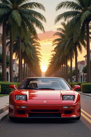  an impressive 90s sports car on a sunny street with palms