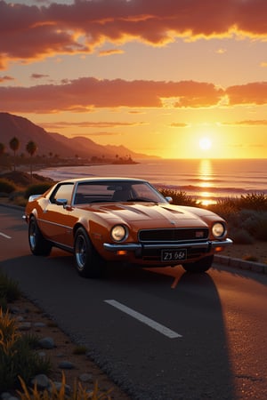  an impressive 70s classic sports 70s car near an ocean at sunset