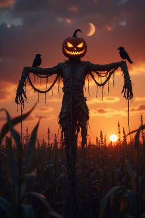 A masterpiece photo, tall slim scarry eerie scarecrow with a glowing pumpkin head stands in the middle of a dark, overgrown cornfield as the sun sets, casting an orange and purple sky. The scarecrow’s pumpkin head is carved with a sinister grin, its eyes glowing with an unnatural light. The scarecrow is dressed in tattered, patchwork clothing, with long, twisted arms that stretch out over the corn stalks. The field is silent, with a faint rustling of the dry corn husks as a breeze passes through. Crows perch on the scarecrow’s arms, silhouetted against the darkening sky, while a crescent moon begins to rise, adding an eerie glow to the scene.
