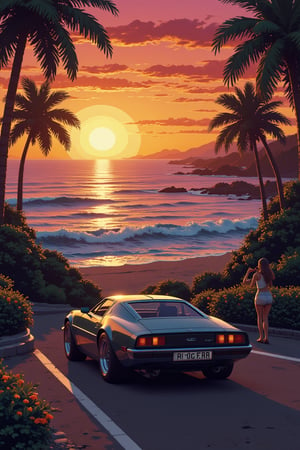 pixel art, near the ocean at sunset a 70s car and a woman showing the car, classic game screenshot