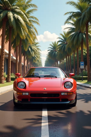  an impressive 90s sports car on a sunny street with palms