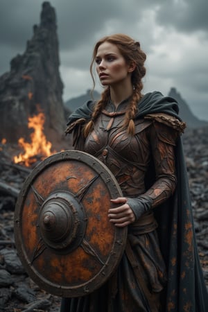 A portrait of a Viking shieldmaiden standing amidst the ruins of a once-great village, now reduced to ashes and rubble. Her face is hardened, eyes scanning the horizon with a mixture of sorrow and steely resolve. She holds her shield close to her body, its surface charred and cracked, and her other hand rests on the hilt of a sword. Her armor is scorched, and her braids are singed, but she stands tall, embodying the unbreakable spirit of a survivor. The background is filled with the remnants of smoldering buildings, with the sky above heavy with dark, swirling clouds.
