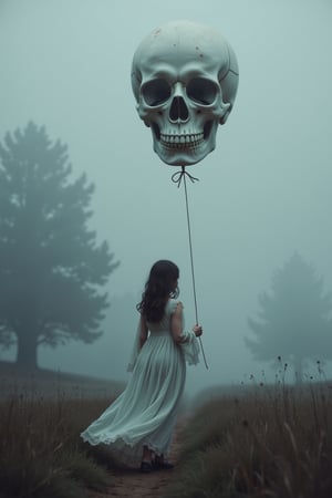 masterpiece, cinematic, a (transparent ghost child) in a nightgown wanders in a fog-covered field holding a rope that holds a baloon that is the moon that has the face of a skull. the scene feels both eerie and majestic