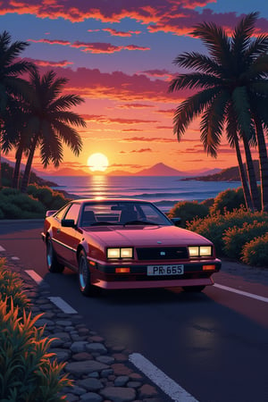 pixel art, photoshoot near the ocean at sunset near a 90s car