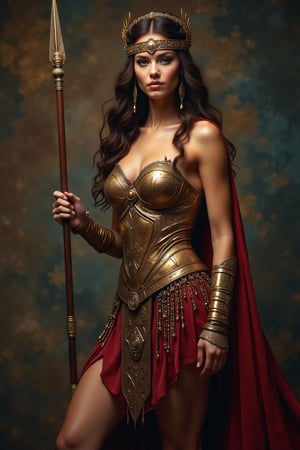 frontal view photo, masterpiece, best quality, ultra detailed, cinematic, absurdres, masterpiece, intricate details, gorgeous gladiator woman with a spear on her hand, fit body, a bit muscular, hero, Realistic skin, visible pores, visible tiny blemishes, accurate face, tiny wrinkles, highly detailed skin