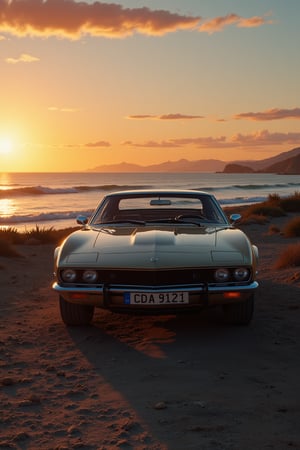  an impressive 70s classic sports 70s car near an ocean at sunset