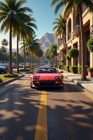  an impressive 90s sports car on a sunny street with palms