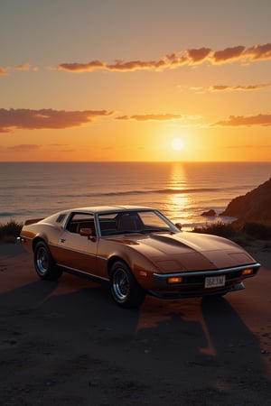  an impressive 70s classic sports 70s car near an ocean at sunset