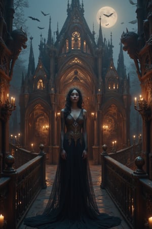  A beautiful vampire queen stands on the balcony of a dark,  castle, her long black gown flowing in the night breeze. The castle is adorned with gargoyles and towering spires, illuminated by the pale light of the full moon. Her skin is porcelain-pale, and her red lips contrast sharply against her sharp fangs. Behind her, an opulent throne room with velvet curtains and candlelit chandeliers adds an air of ancient luxury. Bats circle above, and the forest below is cloaked in mist, giving the impression of an eternal night. Her gaze is piercing, filled with centuries of wisdom and darkness, as she surveys her domain.
