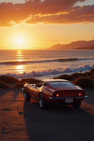  an impressive 70s classic sports 70s car near an ocean at sunset