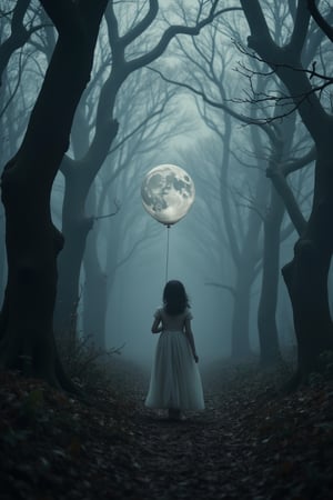 a ghost transparent child in a nightgown wanders through a dense, fog-covered forest holding a bloon that is actually the moon itself. twisted trees, the dark forest floor is littered with fallen leaves. The scene feels both eerie and majestic