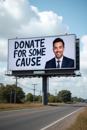 "A photorealistic photo a billboard with text "DONATE FOR SOME CAUSE" and on the billboard a smiling realtor looking man
