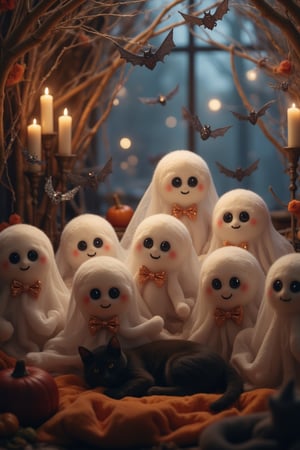 A group of adorable ghost plushies floats around a cozy, slightly haunted room. Each ghost has a soft, round body and big, sparkling eyes, with playful smiles that give them a sweet, friendly appearance. Some wear tiny bow ties or witch hats, while others hold miniature trick-or-treat bags. The room is decorated with cobwebs and flickering candles, but the soft, pastel colors make it feel warm and inviting. Tiny bats hang from the ceiling like plush toys, and a sleepy black cat naps on a velvet cushion, surrounded by ghostly friends who glow faintly in the dim light.
