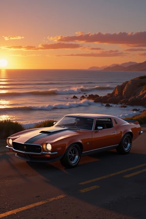  an impressive 70s classic sports 70s car near an ocean at sunset