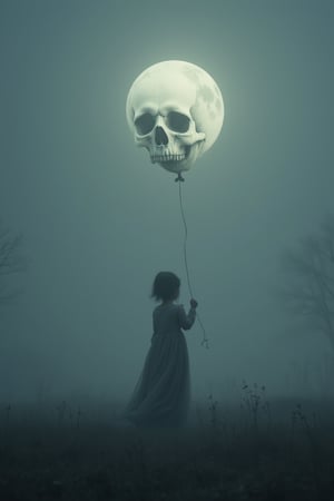 a ghost transparent child in a nightgown wanders in a fog-covered field holding a bloon that is actually the moon itself. this moon is round and has the face of a skull. the scene feels both eerie and majestic