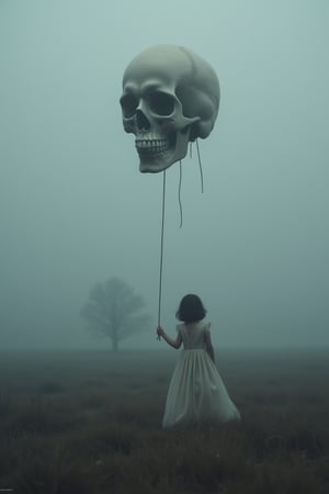 masterpiece, cinematic, a (transparent ghost child) in a nightgown wanders in a fog-covered field holding a rope that holds a baloon that is the moon that is a skull. the scene feels both eerie and majestic