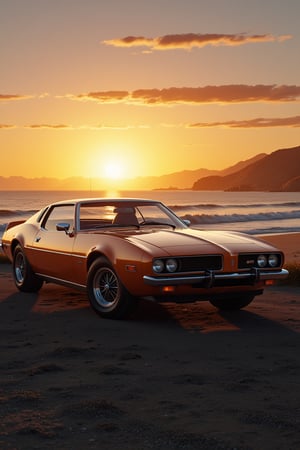  an impressive 70s classic sports 70s car near an ocean at sunset