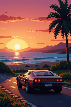 pixel art, near the ocean at sunset a 70s car, classic game screenshot