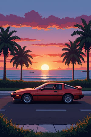 pixel art, photoshoot near the ocean at sunset near a 90s car
