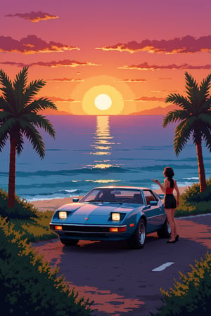 pixel art, near the ocean at sunset a 70s car and a woman showing the car, classic game screenshot