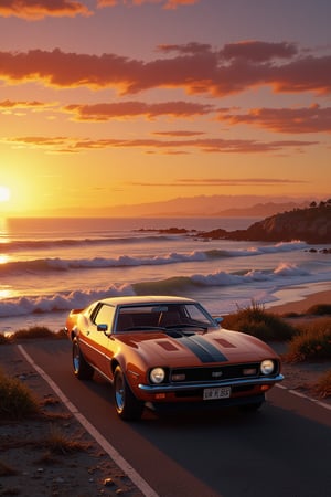  an impressive 70s classic sports 70s car near an ocean at sunset