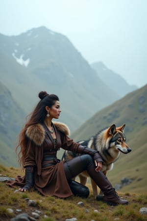 cinematic, fog, a barbarian oriental woman with long flowing hair, in leather and hide armour, earrings, hide boots, sitting companiably witha  larget direwolf, in the foothills of a mountain pass