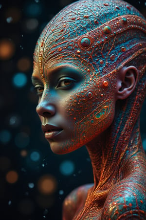 real photo, portrait, fontal view of a beautifully complex alien woman looking at viewer, her skin adorned with intricate patterns in a vivid array of colors that seem to shimmer and glow with a mysterious vibrancy. The details of her appearance hint at a rich, intriguing backstory, with each delicate feature telling a tale of otherworldly elegance. This stunning portrait, a photograph, captures the essence of her enigmatic presence with precision and artistry. The image is a masterpiece of artistry, inviting viewers to delve into the depths of her captivating allure and wonder at the wonders of the alien world she represents.


