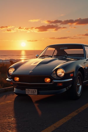  an impressive 70s classic sports 70s car near an ocean at sunset