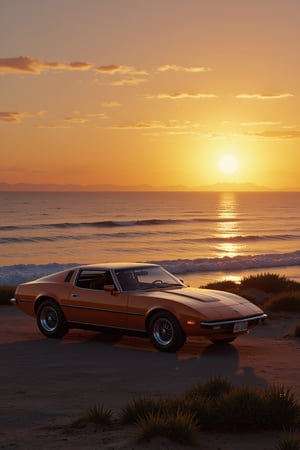  an impressive 70s classic sports 70s car near an ocean at sunset