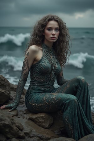 mermaid, sitting on a rock, cinematic masterpiece, 8k, hdr, best quality, (highly detailed), photography, analog style, real life, extremely beautiful, (highly detailed, intricately detailed), (dramatic lighting), (alluring eyes), A beautiful woman, young, gorgeous face, green eyes, mascara, bright lips,  toned body with muscles under the tight revealing suit, on a rocky cliff during a storm, raining, (huge ocean storm in the background:1.2)