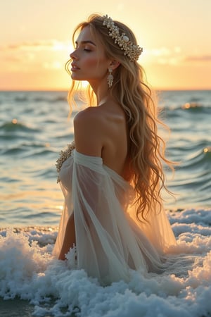 real photography, renaissance style ethereal fantasy concept art of in the style of "Boris Vallejo "depiction of Aphrodite, the Greek goddess of love and beauty emerging gracefully from the sea, her skin wet glowing in the soft light of dawn. She is surrounded by gentle waves and seafoam, her long flowing hair cascading down her back adorned with pearls and tiny seashells. Her expression is serene and enchanting, her form partially draped in a translucent wet fabric that clings to her figure. The background shows a calm ocean under a pastel-colored sky with a golden sun just rising above the horizon. The scene conveys a sense of divine beauty and ethereal elegance, in a style of classical painting, with soft colors, delicate details, and a serene atmosphere . magnificent, celestial, ethereal, painterly, epic, majestic, magical, fantasy art, cover art, dreamy . realistic, perspective, light and shadow, religious or mythological themes, highly detailed
