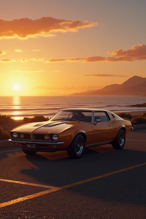  an impressive 70s classic sports 70s car near an ocean at sunset