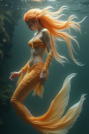 Sure, here's a depiction of the mutation of a goldfish and a woman:

This creature is an elegant and mysterious being that lives deep in the water. This creature, a strange combination of goldfish and human, carries the beauties of both water and land. Her body generally reflects the elegance of a woman; long, thin and curvy. However, his skin is very different from a human's, smooth and wet, shining like the scales of a fish. Its skin resembles the bright colors of a goldfish, with subtle shades of gold and orange.

His face has fish-like features along with human features. Its eyes are large and round, shining a deep golden yellow, like the striking eyes of a goldfish. The eyes provide excellent vision both under water and on land. Its nose is small and elegant, but the thin gill lines at the bottom of the nose attract attention. These gills allow it to breathe in water.

Its mouth is a mixture of human and fish; her lips slightly protruding, small and delicate. There are thin, almost transparent fins on the sides of its face, which help it swim by slowly undulating in the water. 

Her hair is long, flowing and consists of thin silky threads; It moves like seaweed floating in water. These hairs wave underwater, making the creature look mysterious and attractive. Its arms and legs are human-shaped, but the tips of its fingers end in elegant fins, allowing it to move faster and more fluidly in the water.

The lower part of the creature has the tail structure of a fish. Its tail is broad, fan-shaped and covered in magnificent patterns, shining in shades of gold and orange. This tail allows it to swim at great speed in water and also helps it move gracefully on land.

This mutated woman, like a goddess in the depths of the water,