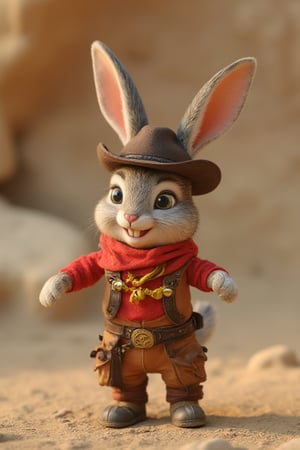 ((perfect anatomy:1.2,realistic,:1.3,RAW Photography:1.3,masterpiece、highest quality、Ultra - High resolution、High resolution、Highly detailed CG、8K)),Let's imagine a cute creature inspired by Bugs Bunny and Red Kit. This creature combines Bugs Bunny's rabbit traits and Red Kit's cowboy flair:

- **Body structure**: A small, rabbit-like creature, but it can stand and walk cowboy style. They have long, flexible ears.
- **Face**: Bugs Bunny's facial features include big, cute eyes, two huge front teeth and a constantly mischievous smile.
- **Outfit**: He's wearing a miniature cowboy outfit. He's dressed in full Red Kit style, with a small hat, red scarf, and cowboy boots.
- **Colors**: Its feathers are gray and white, classic Bugs Bunny colors. But his scarf and cowboy accessories are red and yellow, reminiscent of Red Kit's colorful outfits.
- **Character**: He is both smart and funny, making jokes while running from adventure to adventure. He's also fast and agile, combining Bugs Bunny's escape skills with Red Kit's cowboy speed.

This creature is cute as a crazy cowboy bunny character, but also brave!