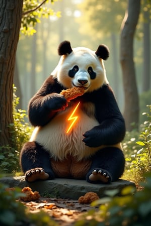 In a lush, sun-dappled clearing deep within the woods, a giant panda sits comfortably on a natural rock formation, surrounded by tall trees and underbrush. He holds a crispy piece of fried chicken in his paw, taking a leisurely bite as he savors the savory flavors. The lighting is soft and warm, casting dappled shadows across the forest floor. panda body have a glowing thunderbolt sign mark