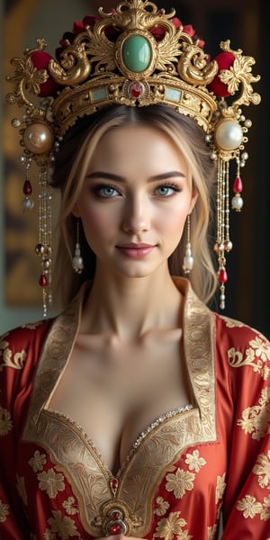 A stunning (Ukrainian woman), wearing an opulent ancient Chinese empress costume,Her Slavic features, highly detailed glossy blue eyes and fair skin, contrast beautifully with the ornate Chinese attire, Elaborate headdress adorned with gold filigree, jade beads, and hanging pearls, Intricate phoenix crown with delicate golden leaves and gemstones,Layered silk robes in rich red and gold, embroidered with dragons and auspicious symbols, Wide, flowing sleeves with detailed embroidery, Ornate collar piece studded with precious stones,Long blonde hair partially visible beneath the headdress,Beautiful woman,Photorealistic,