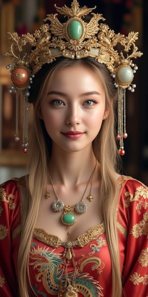 A stunning (Ukrainian woman), wearing an opulent ancient Chinese empress costume,Her Slavic features, -blue eyes and fair skin, contrast beautifully with the ornate Chinese attire, Elaborate headdress adorned with gold filigree, jade beads, and hanging pearls, Intricate phoenix crown with delicate golden leaves and gemstones,Layered silk robes in rich red and gold, embroidered with dragons and auspicious symbols, Wide, flowing sleeves with detailed embroidery, Ornate collar piece studded with precious stones,Long blonde hair partially visible beneath the headdress,Beautiful woman,Photorealistic,Fantasy detailers 