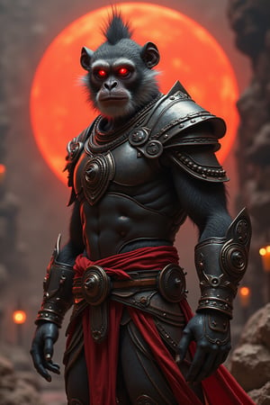 Monkey God Hanuman, armor, glowing red eyes, 