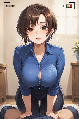 A stunning anime-inspired scene: A beautiful mother sits on her knees in a cozy, warm-lit setting, surrounded by soft focus blurred furniture. Her wavy pixie cut hair falls across one eye, framing her bright brown eyes that radiate warmth and love. Her voluptuous figure is accentuated by tight-fitting pants and a blue button-up shirt. The camera captures her in a cowboy shot, emphasizing her stunning features. In high-definition detail, every curve and contour of her body is rendered perfectly, inviting the viewer to appreciate her beauty.