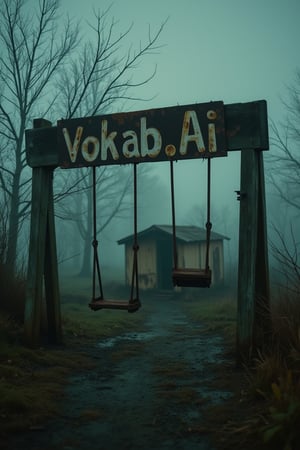 Capture a horror abandoned classical place with a broken "Vokab.Ai" rusty signboard in an eerie moor, dimly lit in the late evening. Enhance the image with mist enveloping rusty swings, broken hut and the mud tree. The overall color mood is a chilling blend of deep grey, sickly greens and some orange brown foggy, intensifying the unsettling atmosphere., analoguehanx83,mparthan83