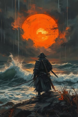 mixing art, oil painting with marker art style, A lone samurai standing near the edge of a stormy sea, with waves crashing violently against the shore. Heavy rain pours from a dark sky, but now there is a warm orange glow peeking through the storm clouds as the sun begins to break through. The orange light casts dramatic highlights on the samurai and the ocean, creating a striking contrast with the surrounding darkness. The samurai, seen from behind in traditional armor with a katana, stands firm as the wind blows his clothes. The scene has a cinematic feel with an intense blend of shadows and glowing warmth from the sunlight.,cinematicxhan,grungeartxhan83,mparthan83