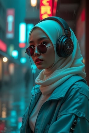 a beauty malay girl, light make up, wear headphone, wear white hijab, cyan jacket , sit at broken cahir in rainy day, at loneliness city, wear cyberpunk black sun glasses, cyberhan83nalogue