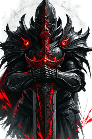 The image showcases a dark, armored figure gripping an ornate sword adorned with intricate red and silver designs. The figure’s armor is crafted with sharp, angular lines and dark hues, exuding a powerful, menacing aura. Abstract, smoky patterns with hints of red fill the background, white stroke art style,  enhancing the dark, mystical atmosphere. The art style is highly detailed with precise, bold strokes, emphasizing the figure’s imposing presence. The concept seamlessly blends fantasy and dark themes, creating a visually striking and intense image.,mparthan83,demonic sword