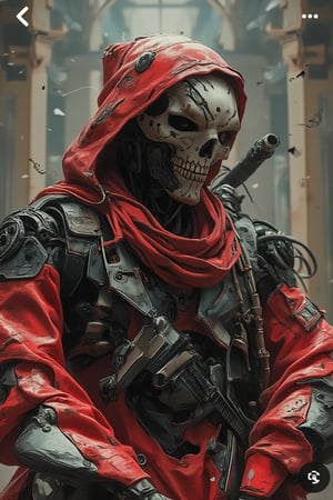 cyberpunk mecha cyborg death reaper with futuristic mask, flying in air, wear a red suit with hoodie, holding a scythe weapon,  grunge art stroke style in poster, complex art, in broken temple as background 
grungeartxhan83 ,exmechapolyhan83,cinematicxhan,hanxdeadcyborg83