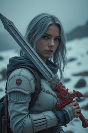 cinematic shot : a beauty russian girl with silver hair  hold an unique sword with curvy pattern at holder part, The sword features a  metallic chrome solid blade with sharp edges and red mechanical accents. Its ornate red hilt is decorated with intricate swirling patterns and geometric designs, giving it a mystical appearance. A large pointed extension on the hilt adds to its aggressive look, while the ridged handle ensures a firm grip. The design suggests a ceremonial or fantastical origin, blending both elegance and power, brown eye lens,  wear white armor cyberpunk  jacket shirt, long sleeve,  dynamic post in dark broken snowy hills, low light mood, the low light, dramatic light, cinematicxhan,Silver hair,HANSWORD23